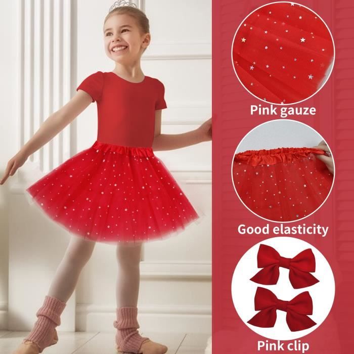 Jupe Tutu Fille Jupe, 2-8 Ans Danse de Ballet Tulle Tutu Jupe à Paillettes  Étoile Robe de, 2pcs Pinces à Cheveux pour Enfants Fille Rouge - Cdiscount  Prêt-à-Porter