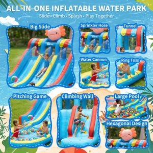 Baralir Château Gonflable Avec Ventilateur – Parc Aquatique Géant Avec Toboggan, Piscine à Balles, Trampoline Et Mur D'escalade, 343x338x202 Cm, Pour Intérieur Et Extérieur