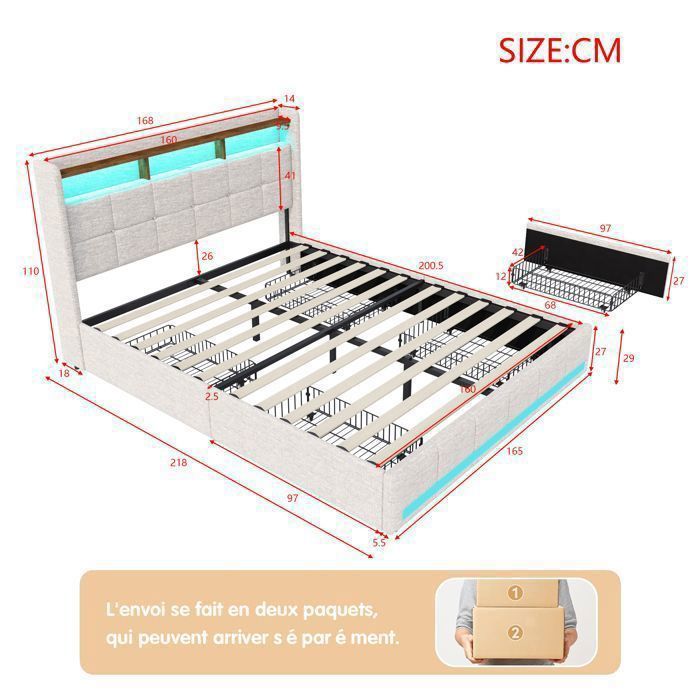 160x200cm Lit Coffre, Lit Adulte LED Avec Chargeur USB, Lit Double Capitonné, Lit Flottant 160x200, Avec Sommier à Lattes, Noir - Maison