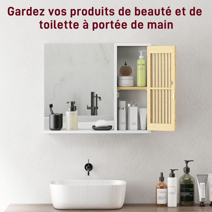 Armoire Salle De Bain Avec Miroir HOMCOM - Dimensions 60x14x50 Cm - Porte En Bambou, étagère Réglable - Film Anti-éclats - Montage Mural - Couleur Blanc - 11