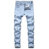 Jeans Déchirés Slim Fit Homme Stretch 5 Poches Jean Fashion Effet Abrasion et Délavé - Bleu clair