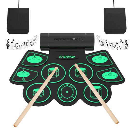 Batterie Électronique Enfant CAHAYA 9 Pads Pliable Avec 2 Pédales, Haut-parleurs Stéréo, Sortie Casque - CY00370-1