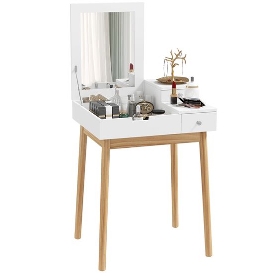 Coiffeuse Enfant HOMCOM Avec Tabouret - Bois Pin Et MDF, Miroir, Tiroir, Étagère - Rose/Blanc, Dès 3 Ans