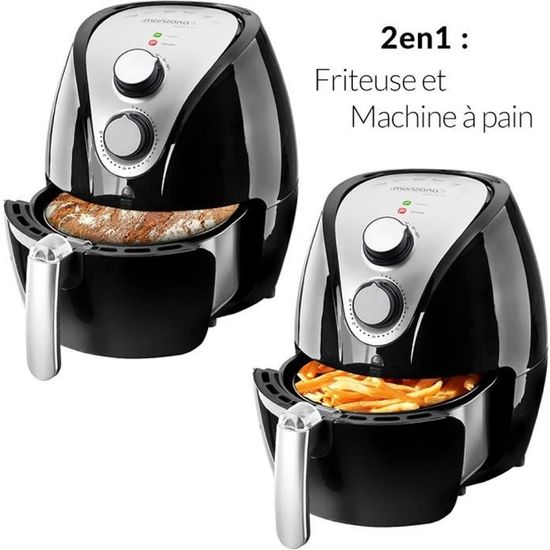 Friteuse électrique à air chaud 2en1 - Machine à pain & Friteuse sans huile Noir 3,2 litres 1300W - Température réglable Minuterie
