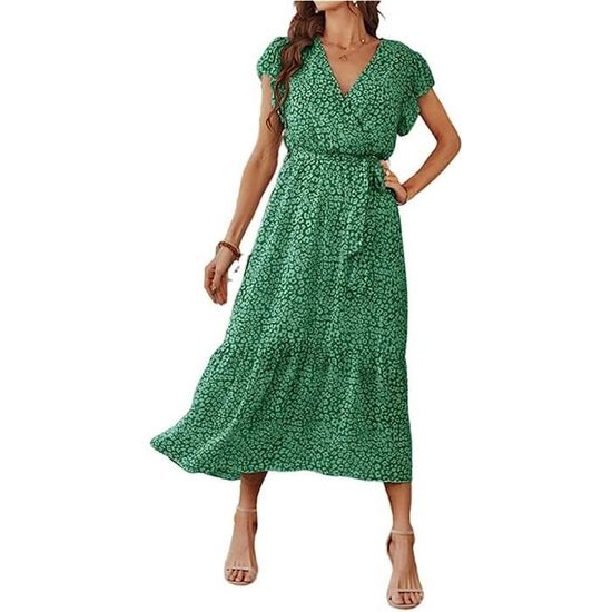 Robe Longue été Femme En Coton-lin - Robe Chic Décontractée à Manches Courtes, Col V, Fluide