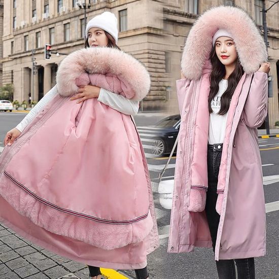 Manteau Femme GOGUQ Nouvelle Mode Plus velours exquis Faux Fourrure Trim version longue Poches Rose Cdiscount Pret a Porter