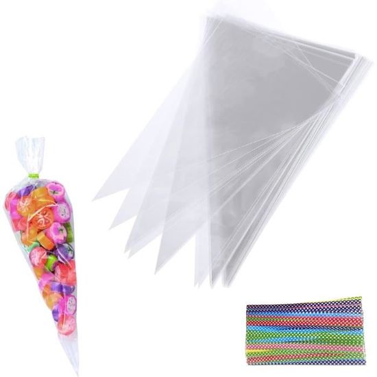 Lot De 100 Sachet Bonbon Cône Transparent 25 X 13 Cm Sacs Cellophane