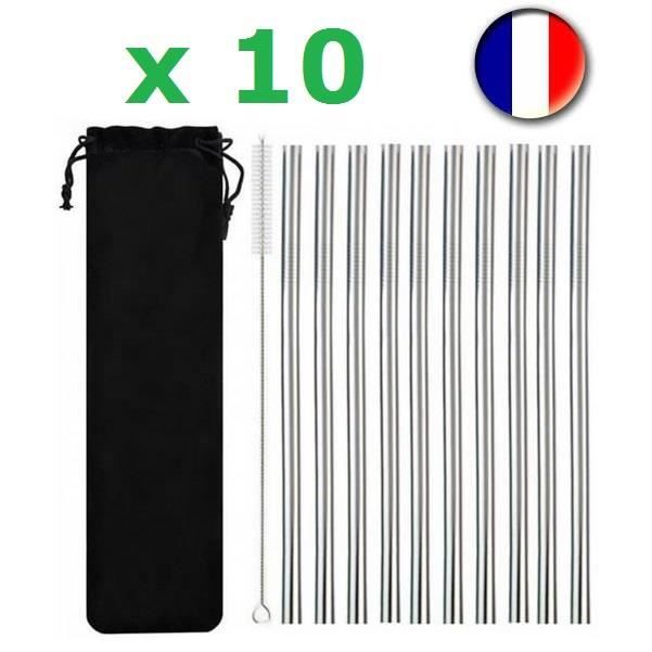Lot De 10 Pailles Inox + Brosse Ecouvillon - 21 x 08 cm - Acier Inoxydable