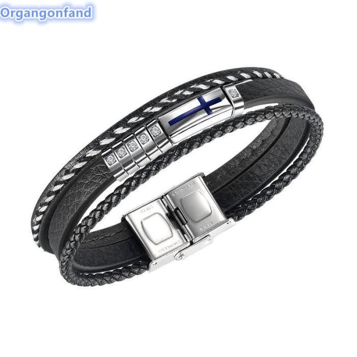 ORGANGONFAND Bijoux Bracelet Hommes -Mode vente chaude en acier inoxydable +Bracelet en cuir multicouche avec strass