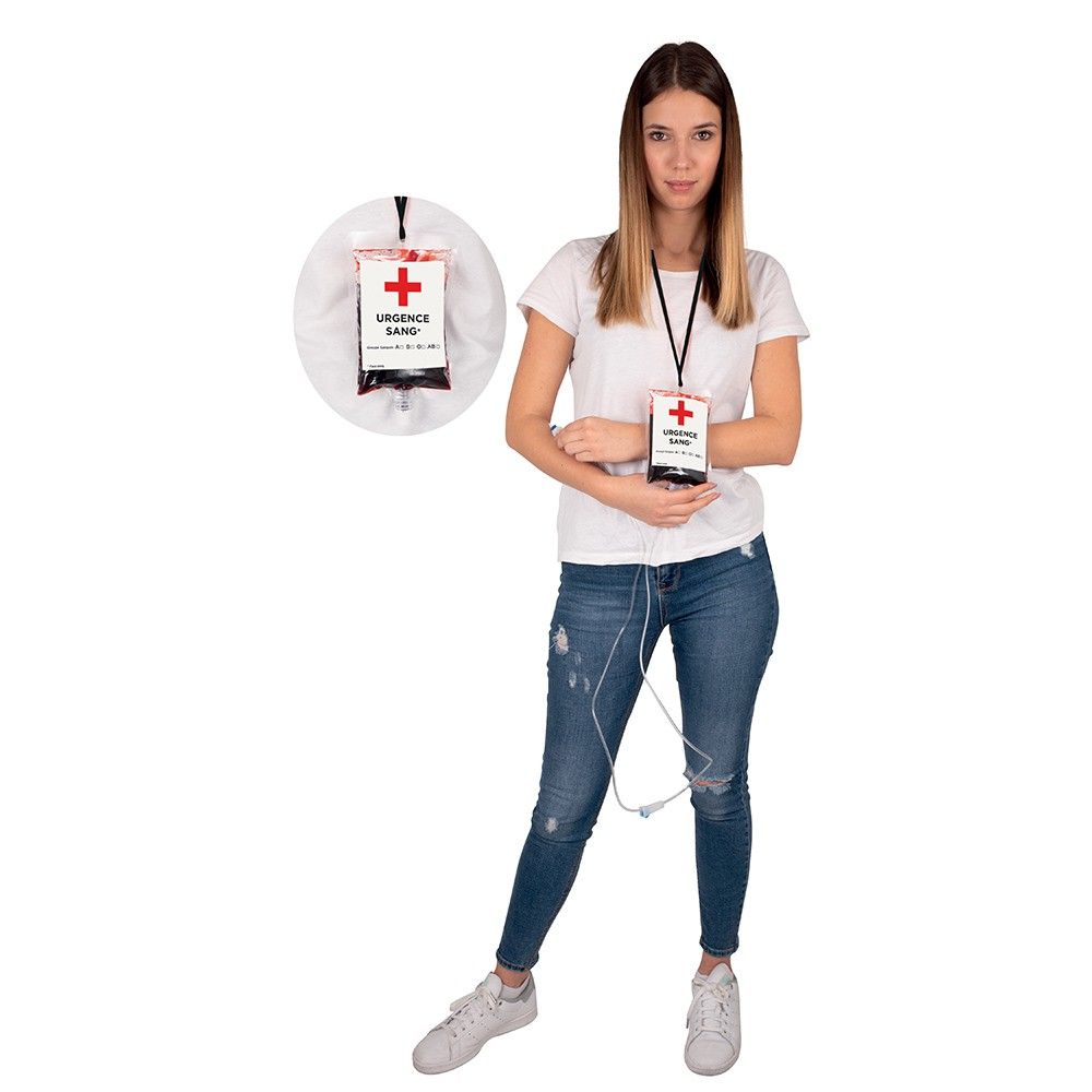 POCHE FAUX SANG AVEC TUYAU ET CORDON 250 ML - Accessoire de déguisement bijou fantaisie Rouge