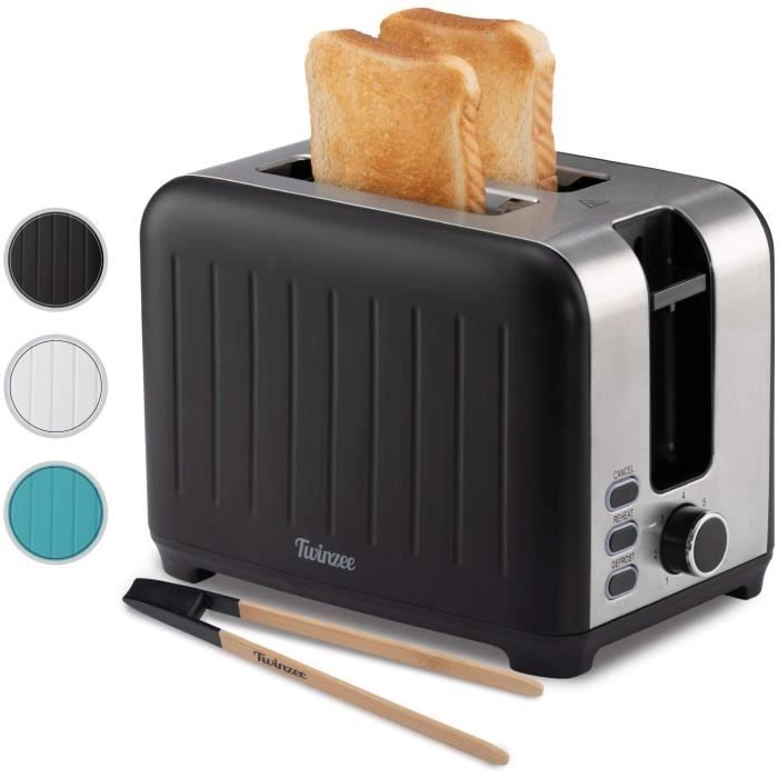 Twinzee - Grille Pain 3 en 1 - Noir Mat en Inox - 2 Large Fente - Toaster Rétro - Pince en Bambou Gratuite - 7 Niveaux de Brunissage