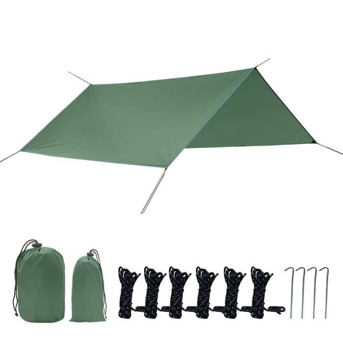 Bâche Anti-Pluie, 3x3m Camping Bâche, Rain Tarp PU 2000 Léger Portable Anti-UV, Ripstop, Bâche Imperméable avec 10 Accessoires,Vert