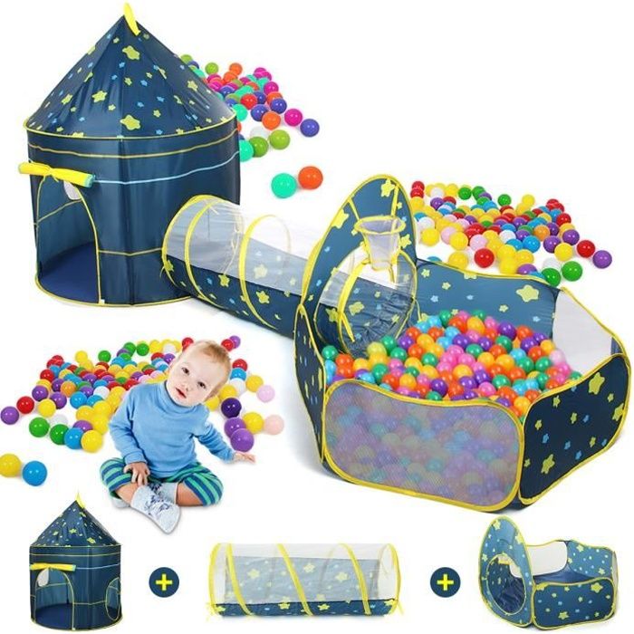3 In 1 Tente à Balles pour Enfants Bébé Piscine à boules avec Tunnel Maison de Jouet Ocean World sur le thème Bleu