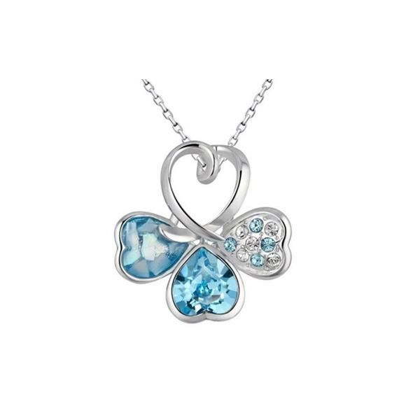 Pendentif Trefle en Cristal de Swarovski Elements Bleu et Plaqué Rhodium