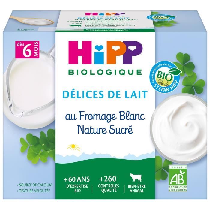 Hipp Bio Délices de Lait Fromage Blanc Nature Sucré +6m 4 x 100g