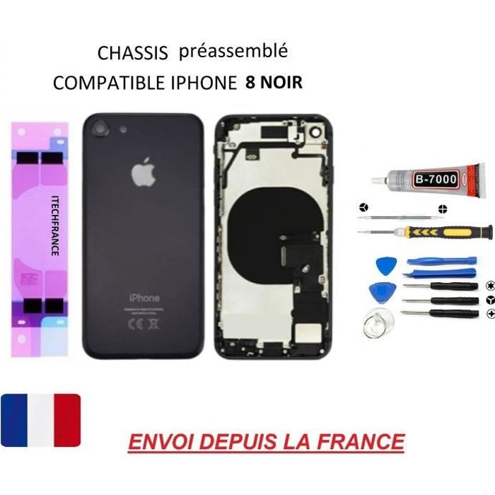 Châssis vitre arrière préassemblé compatible iphone 8 NOIR vitre arrière, qualité origine, dos en verre, kit outil tournevis pro