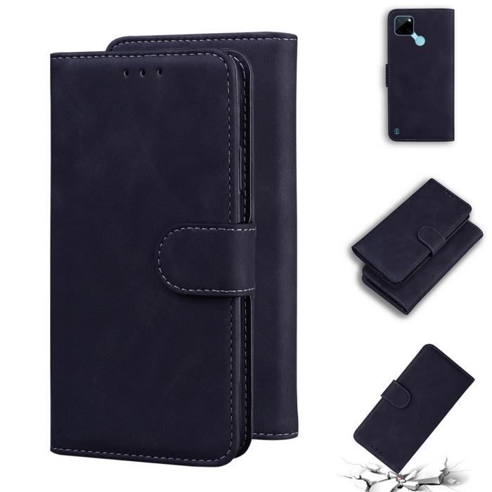Étui Housse Realme C21Y Étui portefeuille en cuir PU de haute qualité avec Support Antichoc Protection - Noir