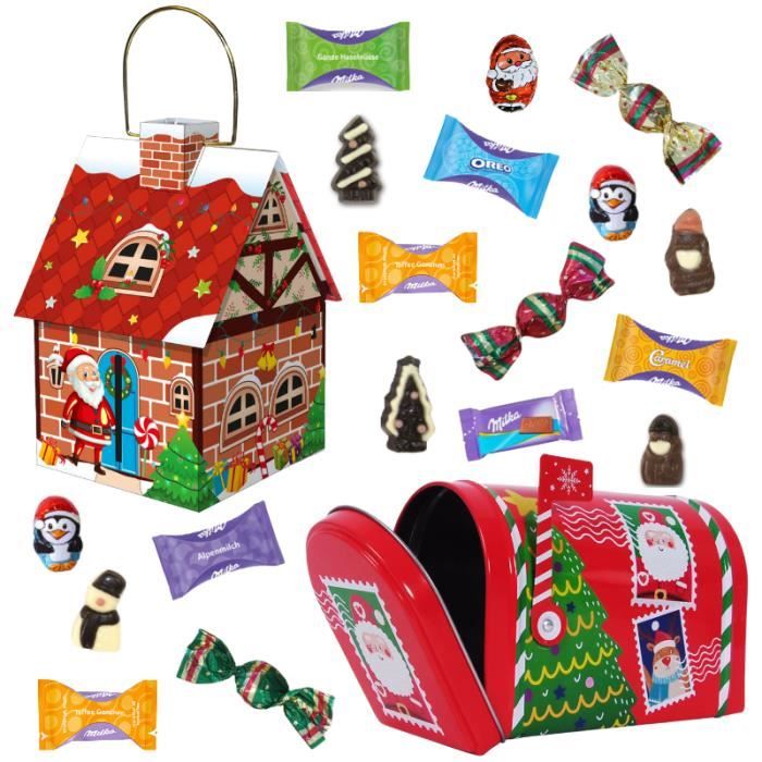 Boite aux lettres et maisonnette garnies de chocolats Milka et sujets de Noël