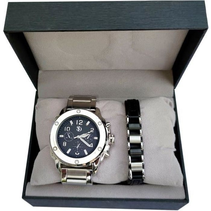Coffret BOX Idée Cadeau Homme Montre + Bracelet Chaine Noir Argent Métal Luxe