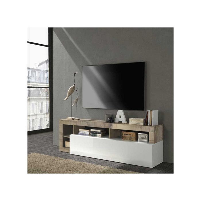 Meuble TV 1 abattant 2 niches Blanc laqué brillant/Bois fumé - ISCHIA - L 184 x l 42 x H 58