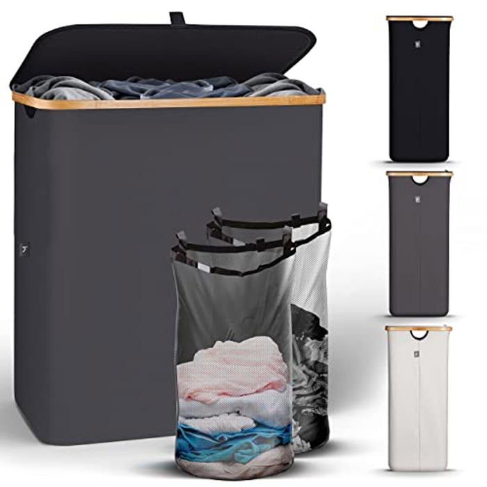 Panier Linge Pliable 160L Panier à Linge 3 Compartiments 160L - NOSTHEART - Pliable Avec Couvercle Et Poignées Bambou Poignée Bambou