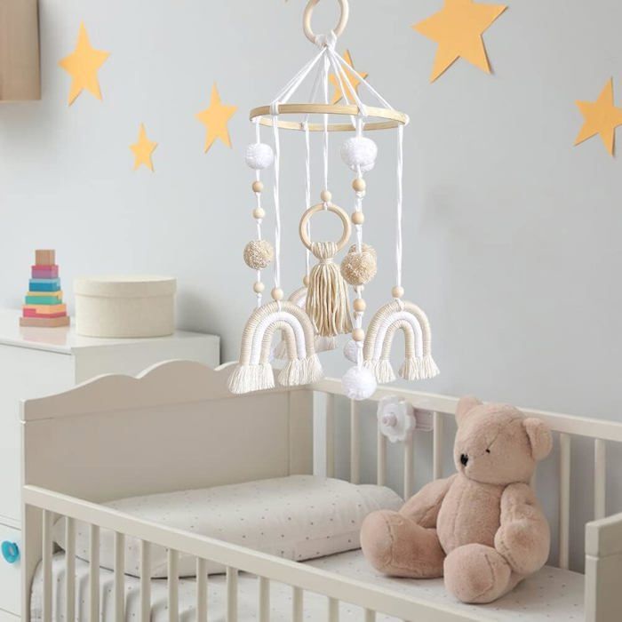 Mobile Bébé Bois Avec Clochettes - Animaux Safari & Lune | Pour Lit & Berceau | Dès La Naissance
