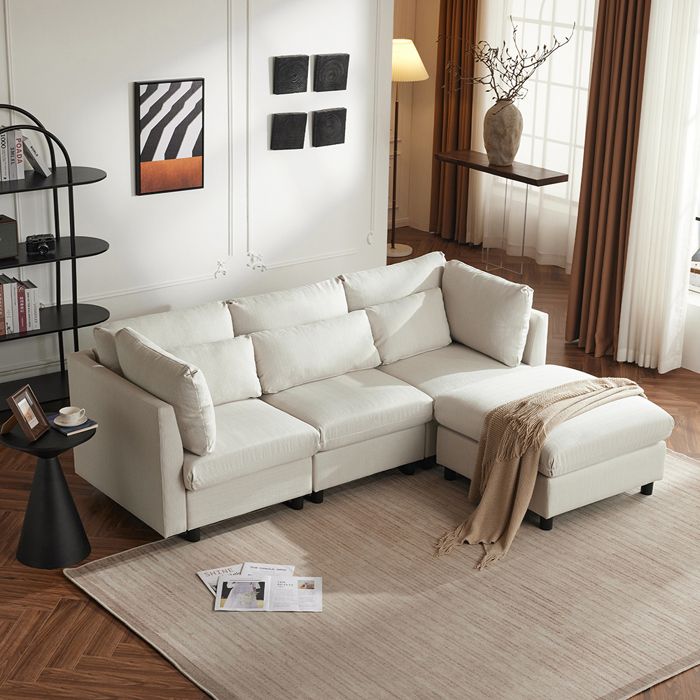 Canapé 4 Places, Avec Tabouret Et Espace De Rangement, Canapé Rembourré Confortable Avec Accoudoirs Confortables, Porte-gobelet Et Poches Latérales, Pieds En Plastique Robuste, Tissu Chenille (beige