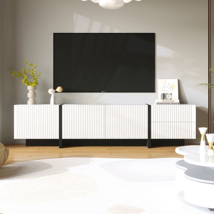 Meuble TV 3 Portes et 2 Tiroirs Panneau de particules - SWEIKO -Blanc+Noir Meuble TV 3 Portes et 2 Tiroirs Panneau de particules - SWEIKO -Blanc+Noir