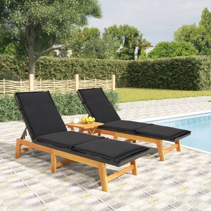 Chaises longues et coussins lot de 2-Bain de Soleil Résine tressée et acacia