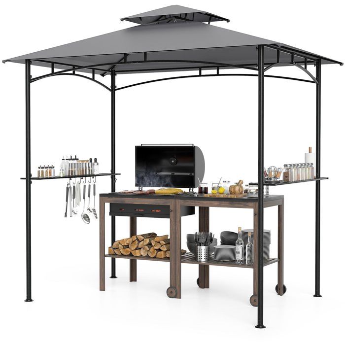 COSTWAY Tonnelle de Barbecue 242 x 150 cm avec 2 Étagères Latérales Toit Souple 6 Crochets pour Jardin Patio Pelouse Terrasse