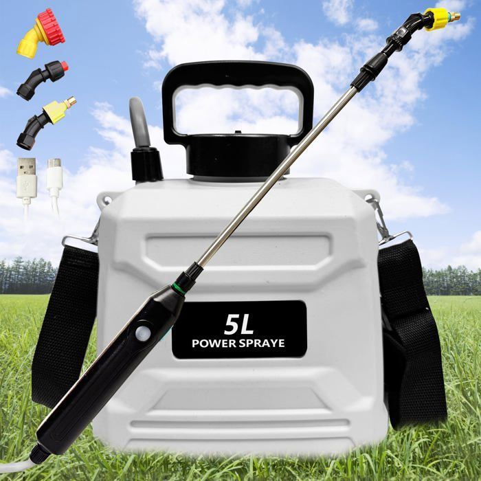 Pulverisateur Electrique de Jardin 5V/2400mAh 5L Pulverisateur avec Rétractable avec 3 Buses Réglables et Réservoir deau de 5L