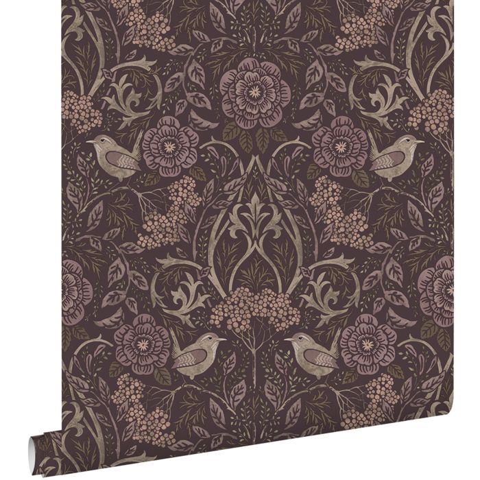 Papier peint fleurs et oiseaux violet aubergine - 53 cm x 10.05 m - ESTAhome
