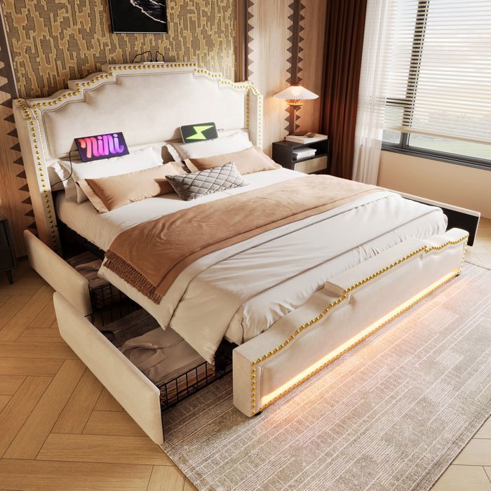 Lit capitonné - Merax - 140x200 cm - 4 tiroirs - LED & USB-C - Velours beige