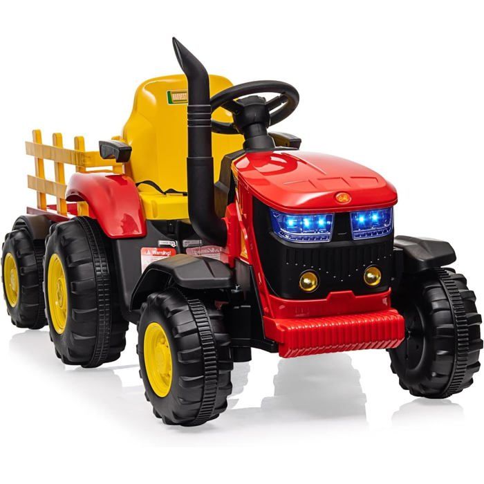 Tracteur Pelleteuse et Bulldozer pour Enfants Voiture Électrique 12V avec Remorque Pelle Seau Télécommande Lumières LED pour 3+ Ans Vert