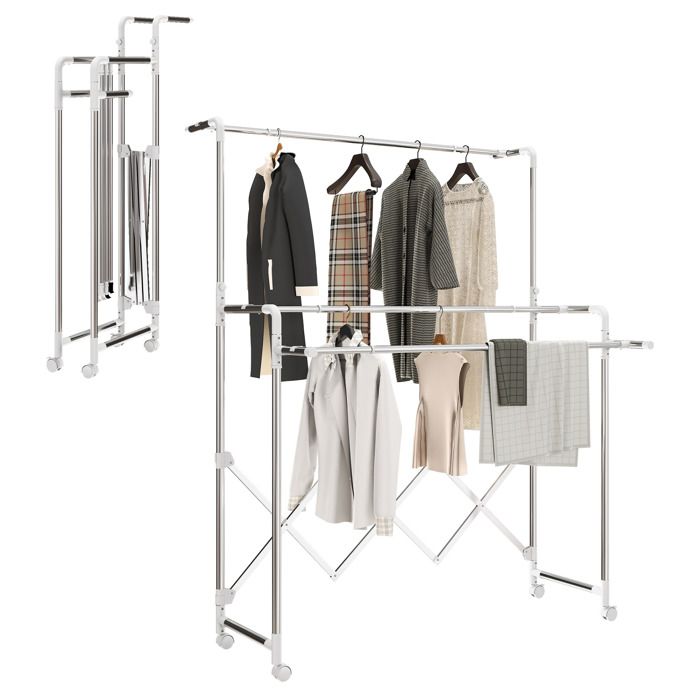 Séchoir à linge - HOMCOM - pliable intérieur - 3 barres réglables et 4 roulettes - acier inoxydable - 104-150x103x145-197cm - argent Séchoir à linge - HOMCOM - pliable intérieur - 3 barres réglables et 4 roulettes - acier inoxydable - 104-150x103x145-197cm - argent