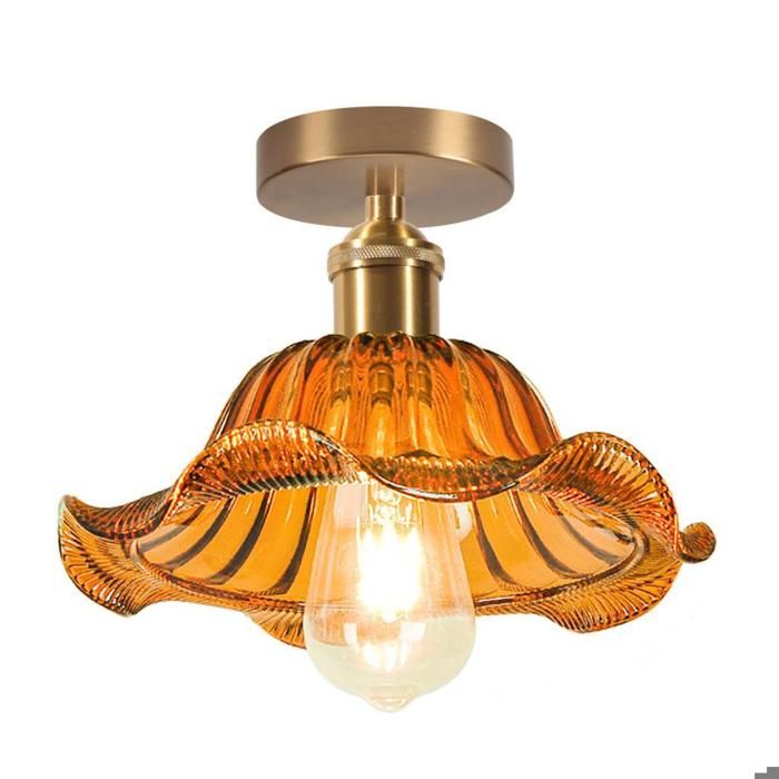 iDEGU Plafonnier Retro en Verre 25cm Lampe de Plafond Vintage Industriel E27 Lustre Abat-jour en Verre Design Lotus Ambre