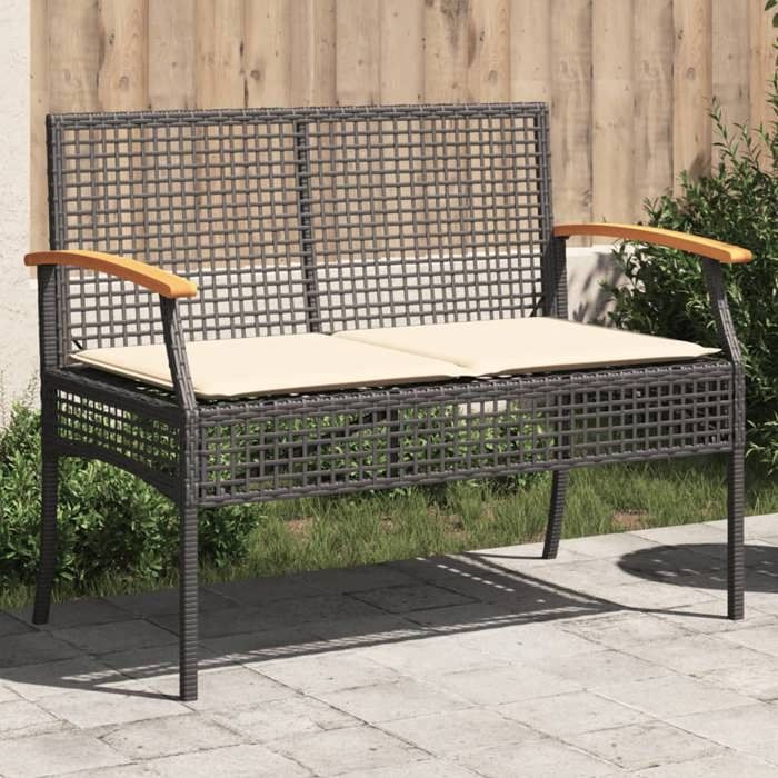 Automne/hiver Noir Banc de jardin avec coussin noir résine tressée et acacia - Mobilier de jardin 1/2 places Contemporain DEC2988