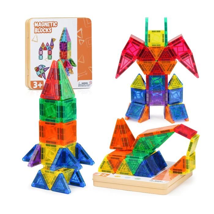 Jeu Construction Magnétique 60 Pièces - Magnetic Tiles Pour Enfants 3-12 Ans, Boîte Rangement Métal