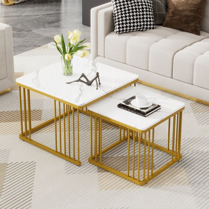 Table basse carrée - MODERNLUXE - Lot de 2 - 60x60x45 cm + 45x45x40 cm - Pieds dorés - Motif marbre brillant - Blanc Table basse carrée - MODERNLUXE - Lot de 2 - 60x60x45 cm + 45x45x40 cm - Pieds dorés - Motif marbre brillant - Blanc