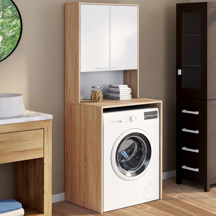 IDMARKET Meuble dessus de machine à laver WALLIS avec placard bois façon hêtre et blanc IDMARKET Meuble dessus de machine à laver WALLIS avec placard bois façon hêtre et blanc