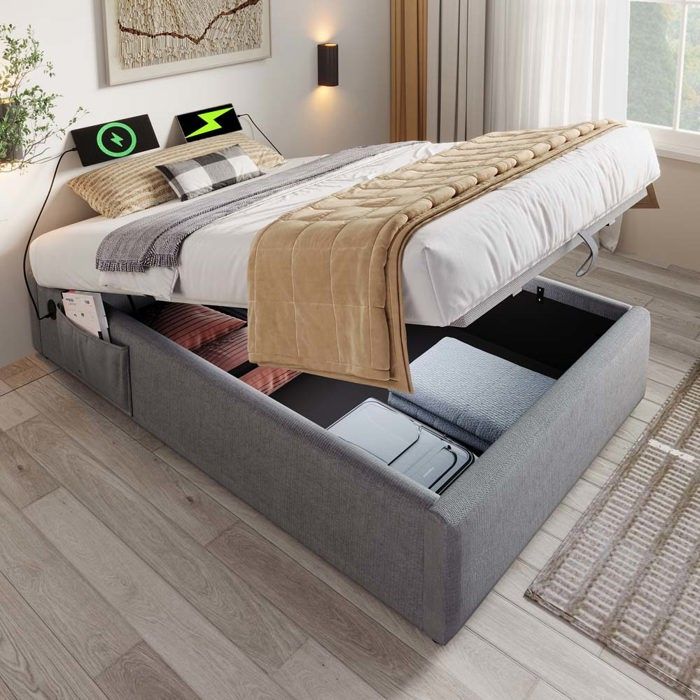 Lit coffre - 90 x 190 cm - Rangement hydraulique - Port USB & Type‑C - Lattes en bois massif