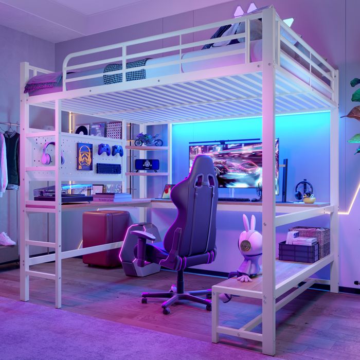 Lit mezzanine en métal 140 x 200cm avec bureau et Éclairage LED Étagères lit enfants avec prise USB + type C blanc(sans matelas) Lit mezzanine en métal 140 x 200cm avec bureau et Éclairage LED Étagères lit enfants avec prise USB + type C blanc(sans matelas)