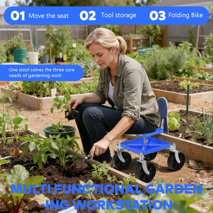 Chariot à outils de jardin pour seniors siège roulant réglable en hauteur capacité de 150 kg