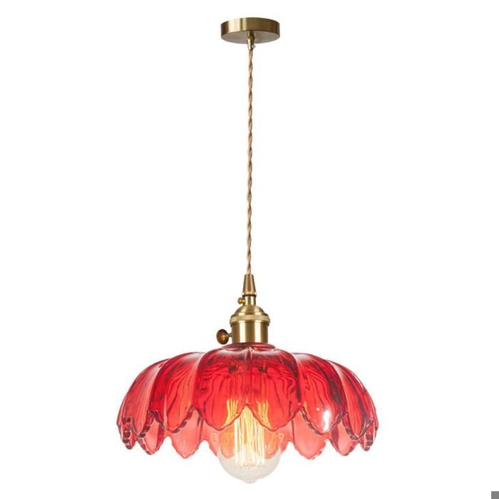 iDEGU Lustre Suspension en Verre Rouge Moderne Lampe de Plafond Vintage Abat-jour en Fleur avec Interrupteur ligne 1.5m Reglable