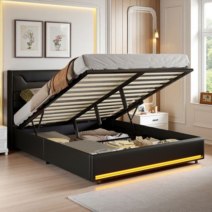 Lit Coffre 140x190 cm rangement hydraulique LED triple Lit pneumatique PU noir station charge Lit double surélevé design moderne