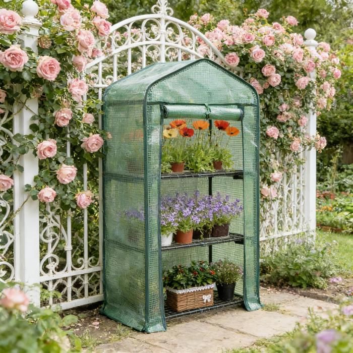 Petite Serre de Jardin BELLEMAVE Verte - étagères 3 Niveaux Porte Zippée Enroulable Idéale pour Balcon Terrasse et Jardin