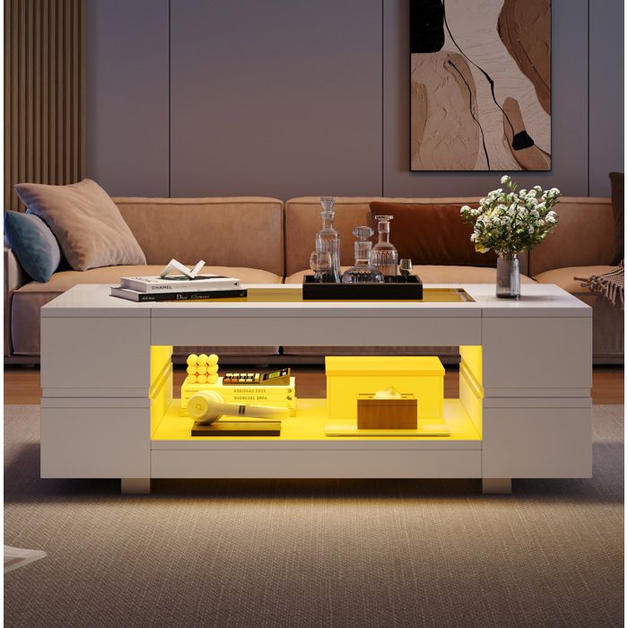 Table basse LED blanche 100 x 50 x 35 cm verre trempé panneau de particules rangement 2 niveaux