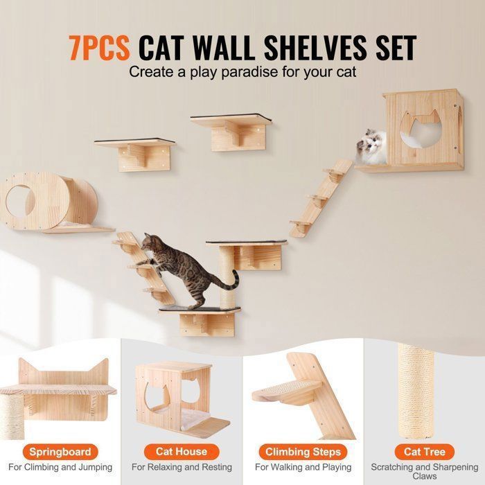 Luscriate étagères murales pour chat lot de 7 arbre flottant avec 2 niches griffoir et escaliers en bois pin couleur naturel