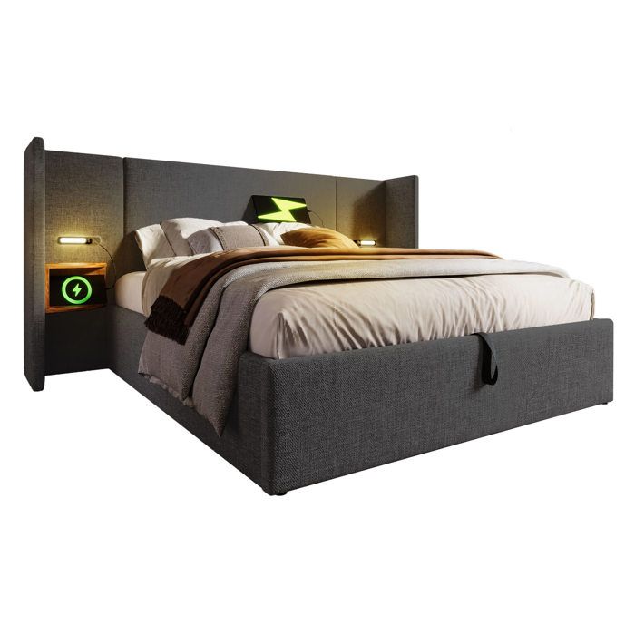Lit double coffre 180 x 200 cm gris en lin avec étagères lampes de lecture et ports USB/Type-C