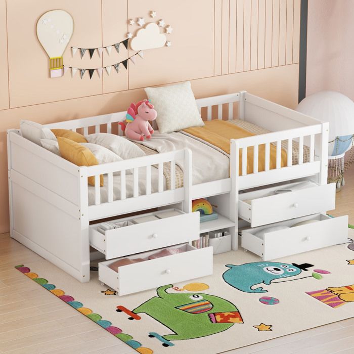 Lit combiné mi-hauteur enfant 90 × 200 cm 4 tiroirs barrières et échelle - TCQPZ - sans matelas pin et MDF blanc